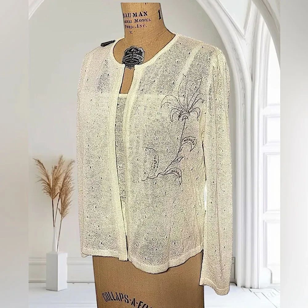 European Vintage Cream sequined embroidered tank and cardigan set size medium